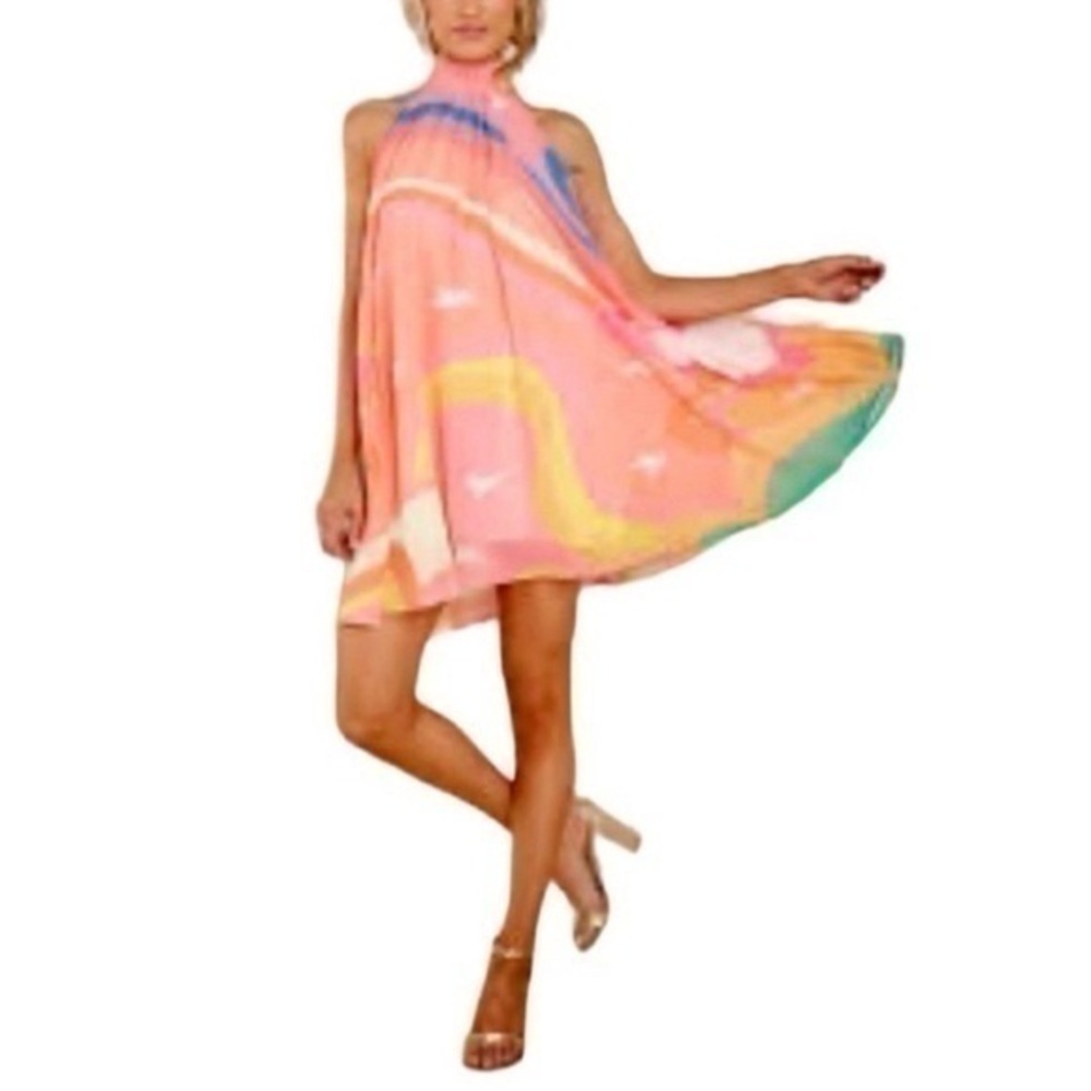 NWT Aura by Red Dress Drop Babydoll Fairy Whimsy Rainbow Halter Mini Dress M